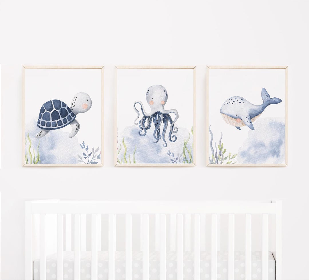 Blue Ocean Animal Wall Art - Under the Sea Nursery Wall Art - for Kid's ...