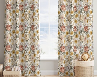 Vintage Floral Curtains- Vintage Flowers Blackout Curtains - Custom Sheer Drapes - Mustard & Rust Vintage Floral Nursery Decor - 323