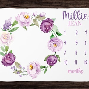 Baby Girl Milestone Blanket - Lavender Floral Monthly Growth Blanket-Personalized Baby Girl Blanket Lilac Florals - Custom Baby Shower Gift
