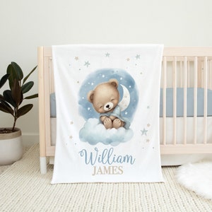 Personalized Teddy Bear Blanket -Custom Baby Boy Blanket with Moon and Stars - Baby Shower Gift- Toddler Boy Birthday Gift Bear Nursery B340