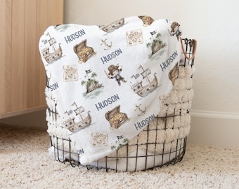 Personalisierte Piraten-Decke, Piraten-Themen-Baby-Decke, Baby-Piratenschiff und Schatzkarte-Babypartygeschenk, Nautisches Kleinkindgeschenk s384