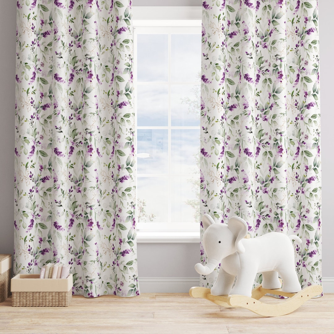 Lavender Floral Curtains Lilac Flowers and Eucalyptus Leaves Blackout
