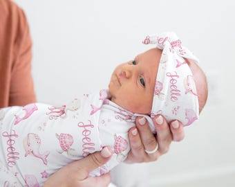 Under the Sea Swaddle Set- Baby Girl Swaddle Blanket with Ocean Creatures - Hospital outfit - Newborn photos- Pink Sea Turtle Blanket - S317