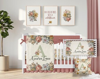 Vintage bloemen wieg beddengoed set, baby meisje wieg beddengoed, Boho wieg beddengoed, aangepaste bloemenkwekerij, roest mosterd baby meisje deken, 350
