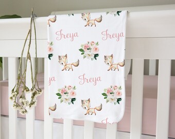 Fox Baby Girl Blanket with Name- Floral Woodland Personalized Baby Blanket Girl Custom Floral Baby Swaddle Woodland Nursery Baby Shower Gift