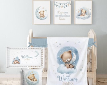 Teddy Bear Crib Bedding Set Baby Crib Bedding, Blue Nursery Decor Boy, Teddy Bear Nursery Bedding, Moon Stars Baby Bedding Crib Sets Boy 340
