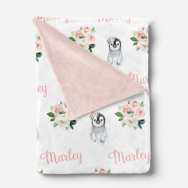 Penguin Baby Blanket with Name- Baby Girl Blanket - Personalized Baby Blanket Girl- Floral Baby Blanket  Penguin Nursery -Baby Shower Gift