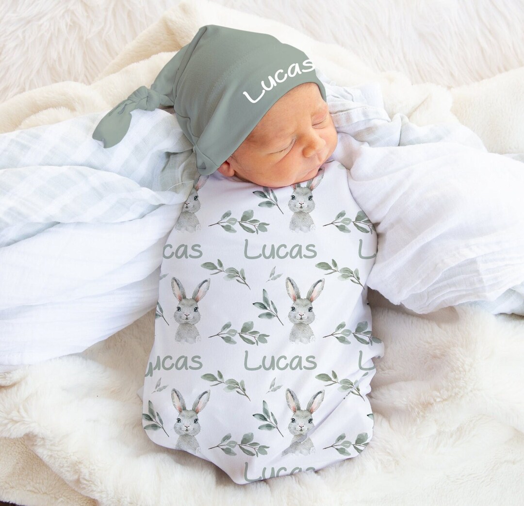 Baby Boy Rabbit Swaddle Set With Name Blanket Beanie Hat Etsy