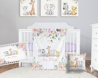 Safari Crib Bedding Set, Personalized Baby Girl Blanket, Safari Animal Nursery Set Baby Girl Bedding Set Safari Crib Sheet, Elephant Bedding