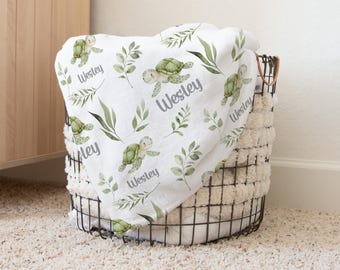 Personalized Turtle Blanket - Custom Sea Turtle Baby Name Blanket -Ocean Themed - Toddler Boy Blanket -Gender neutral Baby Shower Gift- s369