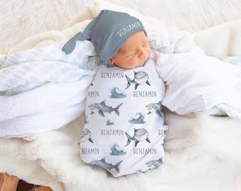 Conjunto de manta para bebé con diseño de tiburón - Conjunto personalizado de manta y gorro con estampado de olas marinas para bebé niño - Manta para recién nacido con diseño de animales marinos - Conjunto para la salida del hospital s373