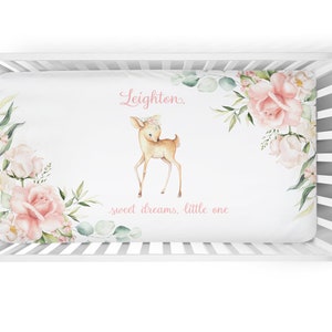 Personalized Floral Deer Crib Sheet for Woodland Nursery- Blush Floral Fawn Baby Bedding -Baby Girl Crib Sheet-Deer Crib Sheet Eucalyptus -