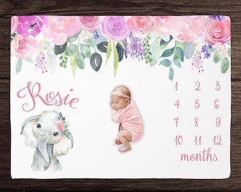 Elephant Milestone Blanket Girl- Lavender Floral Blanket-Personalized Baby Girl Blanket with Elephant -Baby Shower Gift -Safari Milestone
