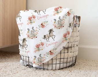 Personalized Horse Baby Blanket, Floral Horse Nursery Decor, Baby Girl Pony Blanket, Equestrian Baby Gift, Custom Name Blanket s355