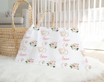 Swan Baby Blanket with Name- Baby Girl Blanket - Personalized Baby Blanket Girl- Floral Baby Blanket  Swan Nursery -Baby Shower Gift