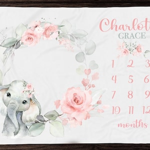 Personalized Girl Baby Milestone Blanket Girl Pink Flower Elephant Monthly Floral Month Custom Age Growth New Mom Baby Shower Gift  M301