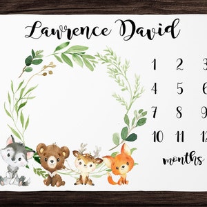 Woodland Milestone Blanket Boy Monthly Growth Blanket-Personalized Baby Boy Blanket with Woodland Animals- Wolf Baby Boy Shower Gift  Fox