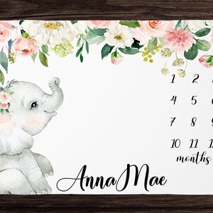 Elephant Milestone Blanket Girl- Floral Monthly Growth Blanket-Personalized Baby Girl Blanket with Elephant -Baby Shower Gift -Custom Baby