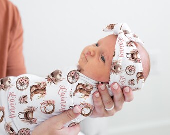 Cowgirl Swaddle Set- Personalized Western Baby Girl Swaddle Blanket with Butterflies and Meadow- Hospital outfit -Newborn Name blanket- S561