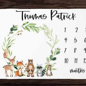 Woodland Milestone Blanket Boy Monthly Growth Blanket-Personalized Baby Boy Blanket with Woodland Animals- Baby Shower Gift Fox Nursery