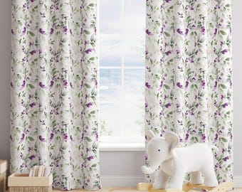 Lavender Floral Curtains- Lilac Flowers and Eucalyptus Leaves Blackout Curtains - Custom Sheer Drapes - Purple Floral Nursery Decor - 325