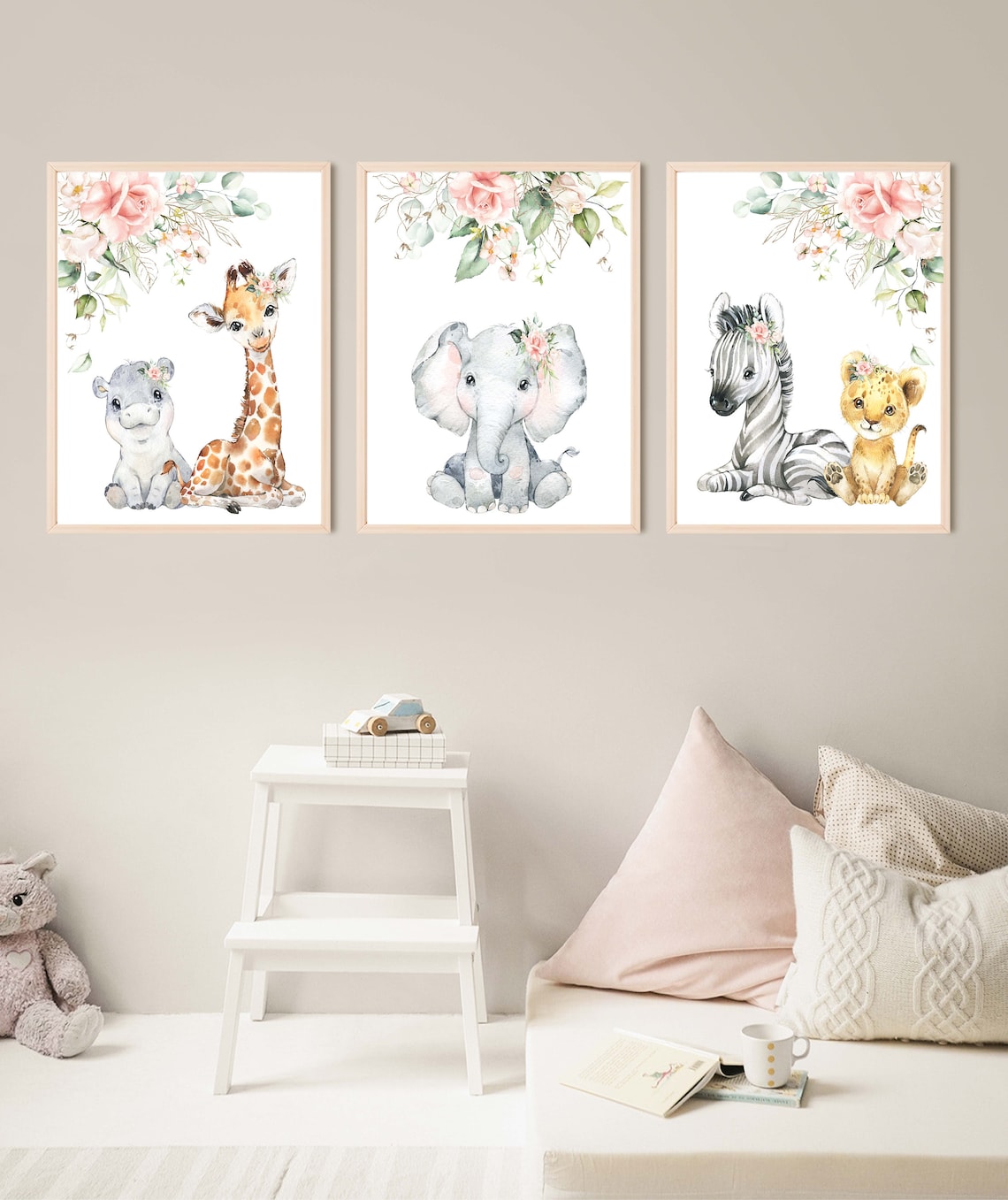 Baby Girl Safari Animal Wall Art Safari Nursery Wall Art Etsy