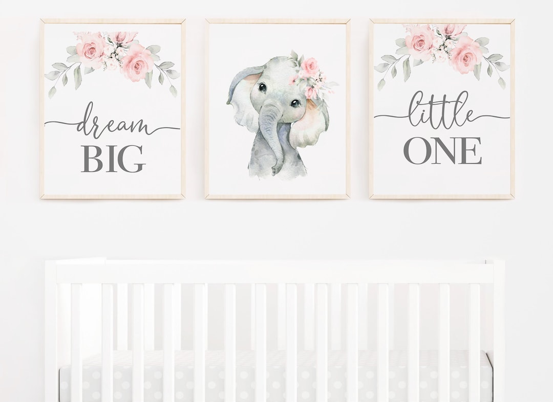 Baby Girl Elephant Wall Art Safari Nursery Wall Art Floral Safari