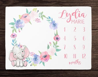 Elephant Milestone Blanket Girl - Monthly Blanket -Personalized Baby Girl Blanket with Pink Elephant -Baby Shower Gift - Monthly Pictures