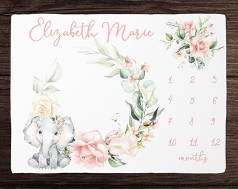 Elephant Milestone Blanket Girl -Monthly Growth Blanket-Personalized Baby Girl Blanket with Elephant-  Baby Shower Gift Custom Baby Blanket