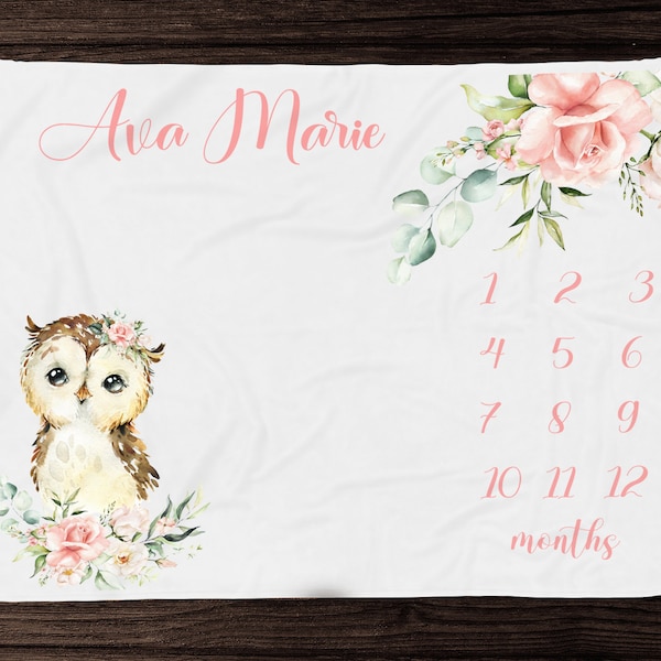 Floral Owl Milestone Blanket Girl Monthly Growth Blanket-Personalized Baby Girl Blanket with Blush Flowers- Owl Baby Shower Gift