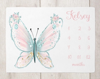 Manta de crecimiento mensual con mariposas para niña - Manta personalizada para bebé niña - Regalo para baby shower - Manta personalizada de mariposas para bebé