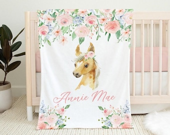 Personalized Pony Baby Blanket, Floral Horse Nursery Decor, Baby Girl Horse Blanket, Equestrian Baby Gift, Custom Name Blanket