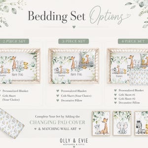 May include: A baby bedding set with options for 2, 3, or 4 pieces. The sets include a personalized blanket, cot sheets, and a decorative pillow. The bedding features a safari animal theme with giraffes, elephants, and zebras. The text "Bedding Set Options" is at the top.