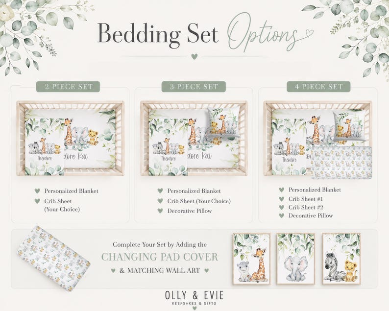 May include: A baby bedding set with options for 2, 3, or 4 pieces. The sets include a personalized blanket, cot sheets, and a decorative pillow. The bedding features a safari animal theme with giraffes, elephants, and zebras. The text "Bedding Set Options" is at the top.