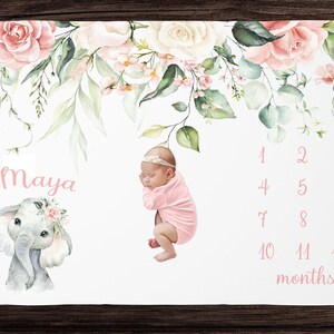 Elephant Milestone Blanket Girl- Floral Monthly Growth Blanket-Personalized Baby Girl Blanket with Elephant -Baby Shower Gift -Custom Baby