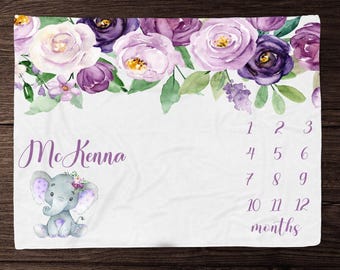 Floral Elephant Milestone Blanket Girl- Monthly Growth Blanket-Personalized Baby Girl Blanket with Lavender Florals -Custom Baby Shower Gift