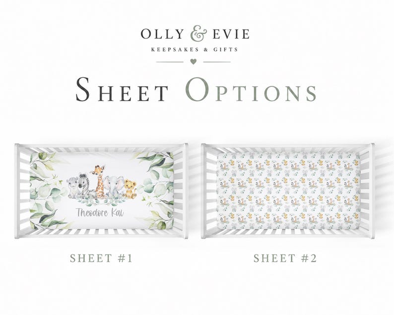 May include: Two cot sheet options are shown. Sheet #1 has a watercolour design with safari animals and the name "Theodore Kai". Sheet #2 displays a repeating pattern of small animals and plants. The text "Sheet Options" is at the top.