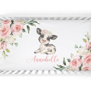 Personalized Floral Cow Crib Sheet -Girl Cow Nursery Decor - Pink Flowers Calf Crib Sheet -Baby Shower Gift- Baby Calf Baby Bedding -S315