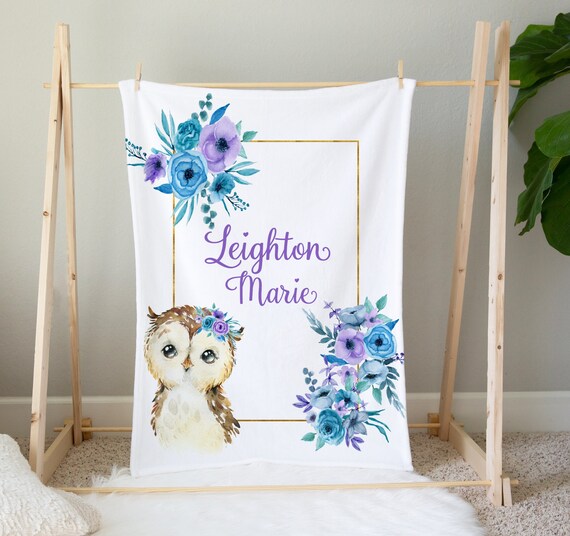 Personalized Baby Blanket With Name - Woodland Owl Pink Floral Custom Fleece Throw 30x40 Inch, Baby Shower Gift