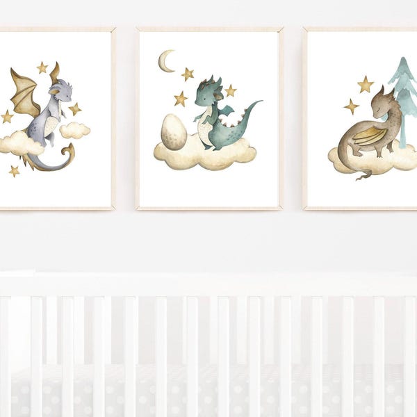 Arte mural de dragones - Arte mural de dragones para guardería - Para habitación infantil - Láminas de arte de dragones - Arte de acuarela para sala de juegos - Arte mural infantil de género neutro 322