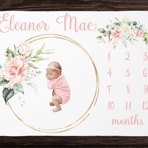 Blush Floral Milestone Blanket Girl Monthly Growth Blanket-Personalized Baby Girl Blanket  Baby Shower Gift Custom Baby Blanket for Pictures