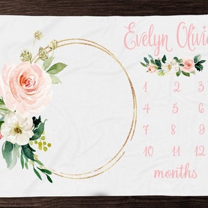 Blush Floral Milestone Blanket Girl - Month Blanket-Personalized Baby Girl Blanket with Name-  Custom Baby Shower Gift - Track Baby Growth
