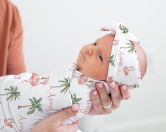 Pink Flamingo Swaddle Set- Personalized Baby Girl Flamingo Swaddle Blanket with palm trees- Hospital outfit -Tropical Newborn blanket- S373