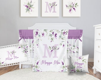 Purple Floral Crib Bedding Set, Baby Girl Crib Bedding, Personalized Baby Blanket, Floral Nursery, Purple Crib Bedding Floral Crib Sheet 525
