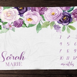 Lavender Floral Milestone Blanket Girl- Monthly Growth Blanket-Personalized Baby Girl Blanket -  Custom Baby Shower Gift -Baby Keepsake Gift