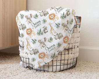 Manta para Bebê com Animais da Selva, Manta Personalizada para Bebê Menino, Presente Personalizado para Bebê com Animais da Selva, Presente para Chá de Bebê com Elefante e Girafa, s375
