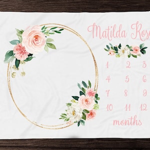 Blush Floral Milestone Blanket Girl - Month Blanket-Personalized Baby Girl Blanket with Name-  Custom Baby Shower Gift - Track Baby Growth