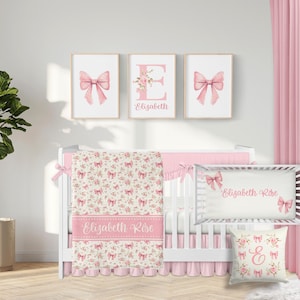 Pink Bow Nursery Bedding, Coquette Aesthetic Crib Bedding Set Girl, Personalized Baby Girl Bedding Set, Vintage Pink Roses Girly Bedding 365