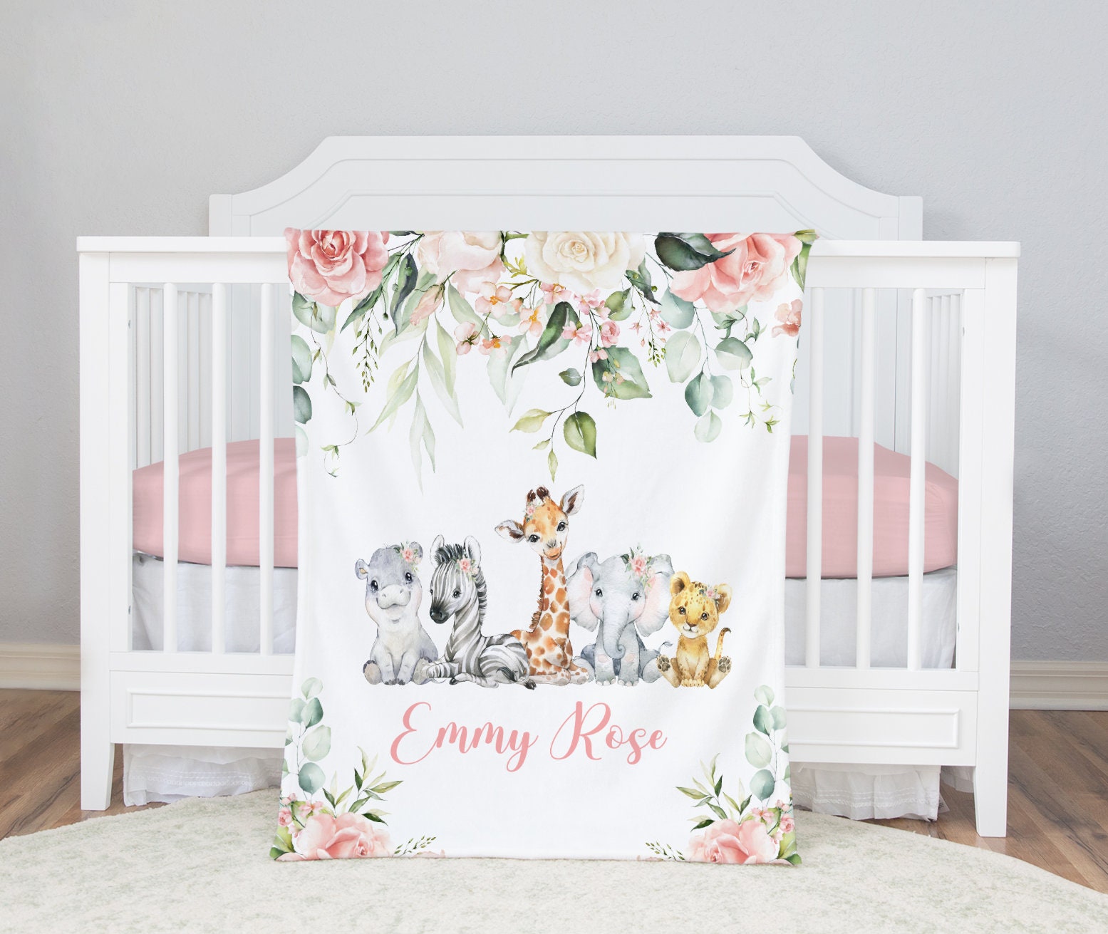 Personalized Baby Girl Blanket Monogrammed Baby Blanket Girl -Floral Safari -Baby Shower Gift -Baby Name Blanket-Safari Animals Baby Bedding