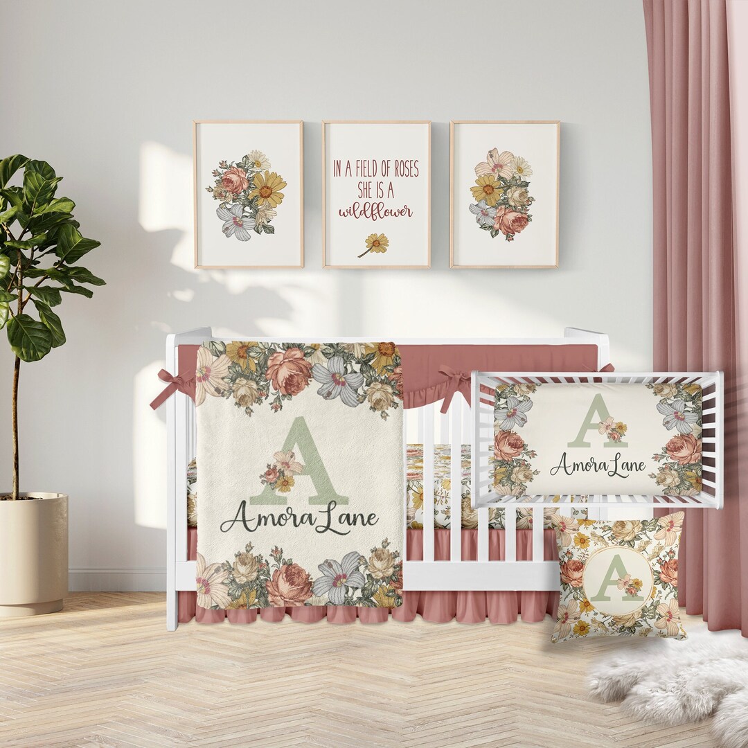 Vintage Floral Crib Bedding Set, Baby Girl Crib Bedding, Boho Crib ...